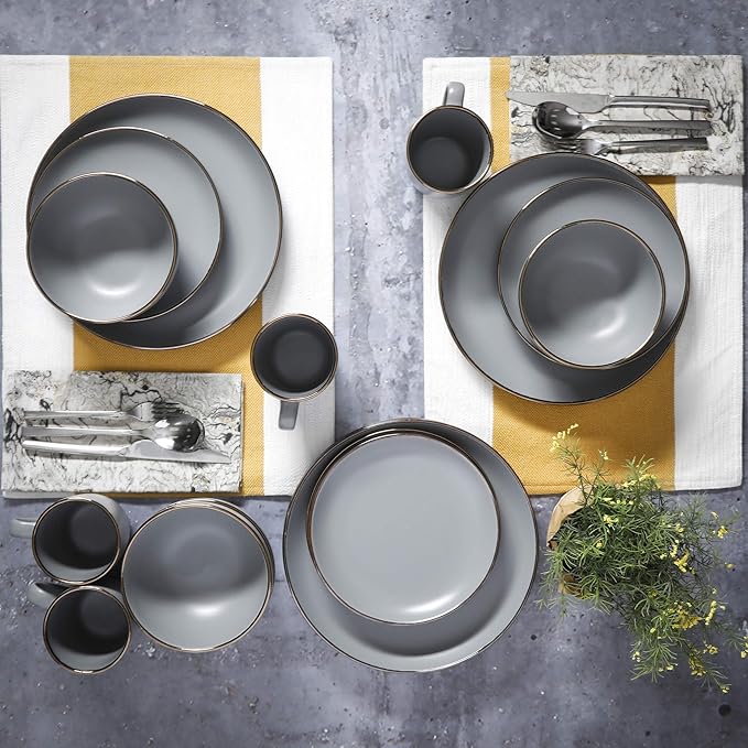 Gibson Home Rockaway 16-Piece Round Stoneware Dinnerware Set, Service for 4 – Grey with Gold Rim Plates and Bowls, Microwave & Dishwasher Safe - Image 6