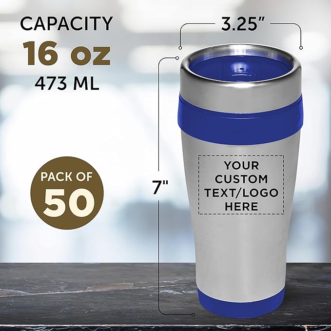 Custom Insulated Stainless Steel Travel Mugs 16 oz. Set of 50, Personalized Bulk Pack - Perfect for Coffee, Soda, Other Hot & Cold Beverages - Blue
