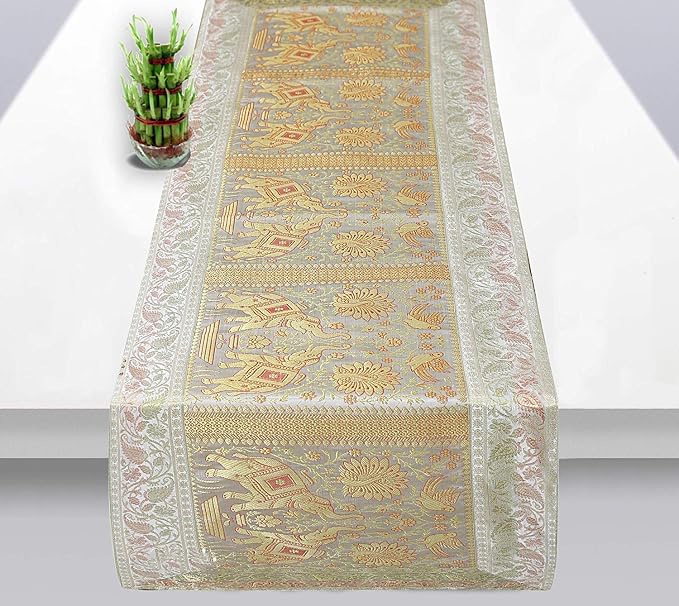 Indian Handmade Elephant Design Table Runner Traditional Decorative Ethnic Kitchen Table Cloth for Wedding Bridal Birthday Party Decorations Bridal Shower Baby Shower, 60 X 16 White & Gold Color by Unknown