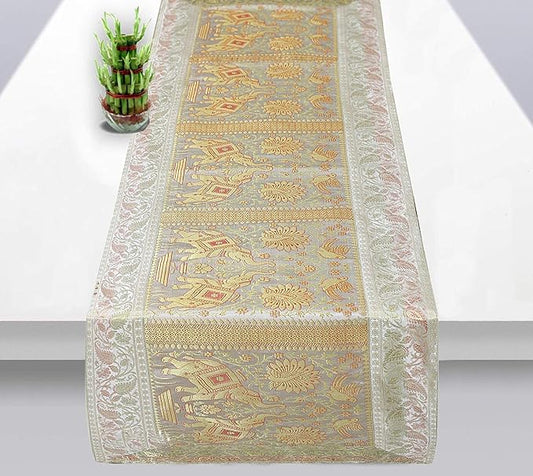 Indian Handmade Elephant Design Table Runner Traditional Decorative Ethnic Kitchen Table Cloth for Wedding Bridal Birthday Party Decorations Bridal Shower Baby Shower, 60 X 16 White & Gold Color by Unknown