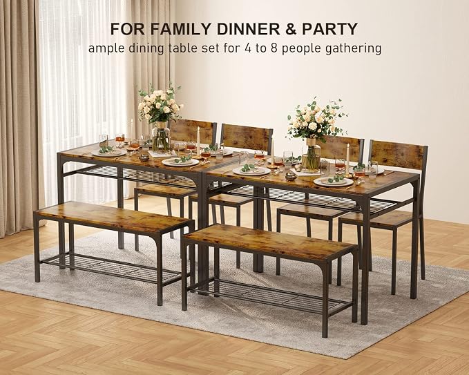 Gizoon 4-Piece Dining Table Set for 4, Kitchen Table with Bench Rustic | Space-saving rustic 4-piece dinette set with metal storage rack. Includes 2 ergonomic chairs and 1 bench. Easy to clean. - Image 2