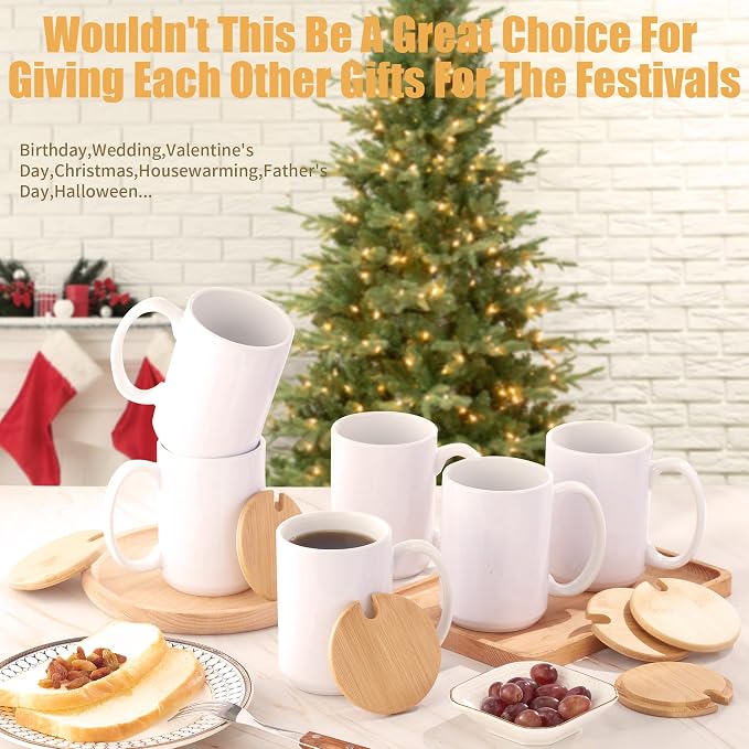 RAINBOWTIE Sublimation Mugs 15oz with Bamboo Lid, 12PCS Tazas Para Sublimar | Ceramic Coffee Cup set for gifts,Latte, Soup, Milk, Cocoa,juice, milk - Image 6