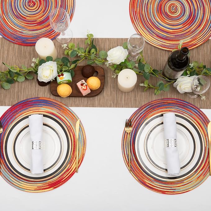 SHACOS Round Braided Placemats Set of 6 Table Mats Colorful Place Mats for Dining Tables Holiday Party Decor (Rainbow Red, 6) - Image 6