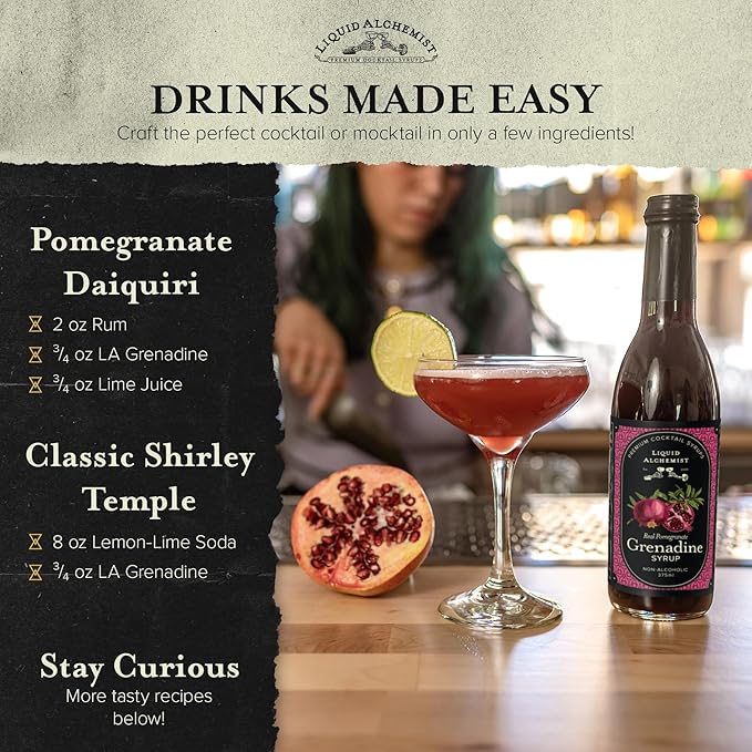Liquid Alchemist Grenadine Syrup for Cocktails - Real Ingredients Make our Pomegranate Syrup the Perfect Shirley Temple Mix - Our Small Batch Grenadine is Non-GMO, Gluten Free & Vegan (12.7 oz)