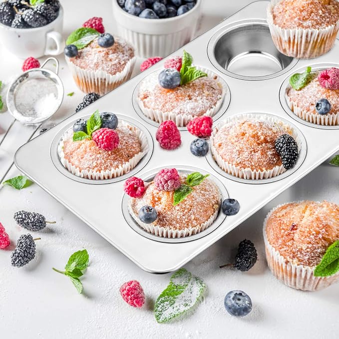 E-far Stainless Steel Muffin Pan, 6-Cup Cupcake Pan Tin for Baking, Metal Muffin Pan Tray Mold, Non-toxic & Healthy, Oven & Dishwasher Safe, Regular Size - 11.44 x 7.12 x 1.25 Inch - Image 6