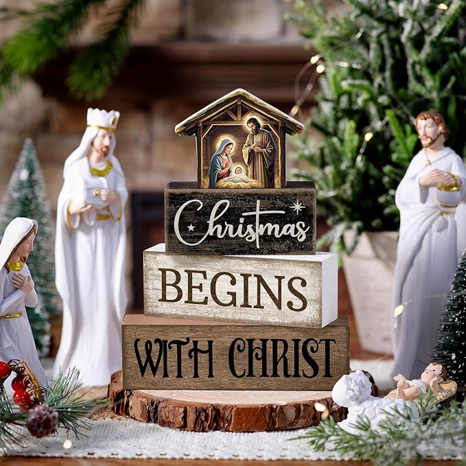 Moucuny 4 Pcs Christmas Table Decoration Christian Wooden Stacked Block Decor, Christmas Begins with Christ Signs with Nativity Scene Topper, Rustic Religious Xmas Tiered Tray Decor for Home Church - Image 2