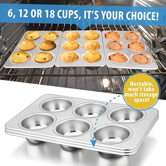 E-far Muffin Pan Set of 3, Stainless Steel Muffin Pan Tin for Baking, 6-Cup Metal Cupcake Pan Tray, Non-toxic & Healthy, Oven & Dishwasher Safe, Regular Size - 11.44 x 7.12 x 1.25 inch - Image 5