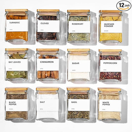 Glass Spice Jars with Bamboo Lid, 4oz Square Spice Containers for Pantry Organization, Seasoning Bottles with Labels, Spoons, Funnel for Salt Sugar by Unknown