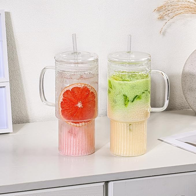 32oz Ribbed Glass Cup with Handle Lid and Straw，Borosilicate Glass Tumblers, Iced Coffee Cups Modern Glass Mug Hot/Cold Drinks for Smoothies, Tea, and Juice (clear-2Pack-glass Lid)