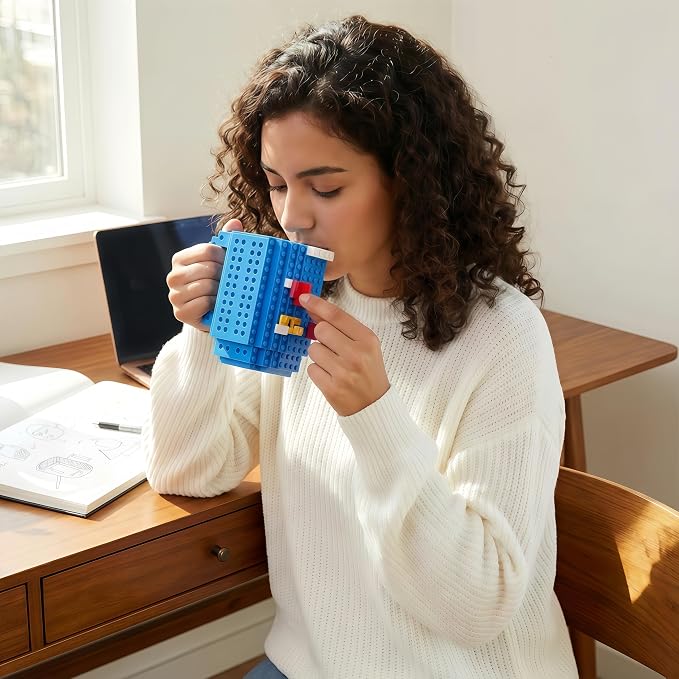 Lumsburry Build-on Brick Coffee Mug, Funny DIY Unique Novelty Drinking Cup | Building Blocks Creative Mug, for Men Women Kids Dad Mom, Present Exchange Ideas, Xmas Birthday White Elephant(Blue) - Image 6