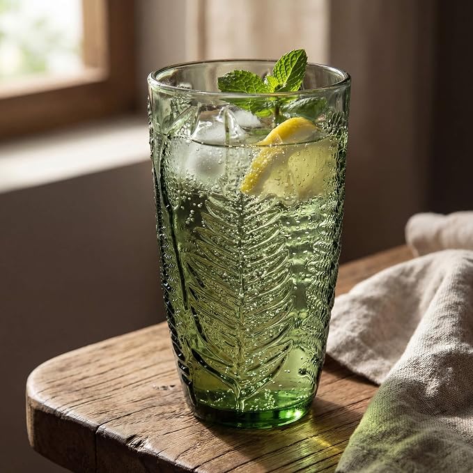 Green Drinking Glasses Set of 4, 16 oz Glass Cups, Vintage Fern Glassware | Hand-Pressed, Dishwasher Safe, Boho Leaf-Textured Drinkware, Embossed Highball Tumblers for Water, Retro Kitchen Gift - Image 5