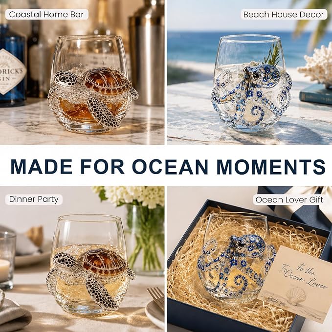 Coastal Stemless Wine Glasses Set of 4, 12oz 3D Ocean Animal Artisan Glassware Collection with Unique Sea Life Designs (J - Set of 2) - Image 4