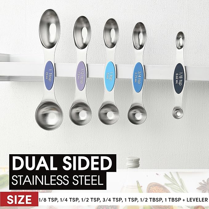 Spring Chef Stainless Steel Magnetic Measuring Spoons Set of 8 with Leveler, Dual Sided Metal Teaspoon & Tablespoon Measuring Spoons, Nesting Kitchen Gadgets for Baking & Cooking - Winter Frost
