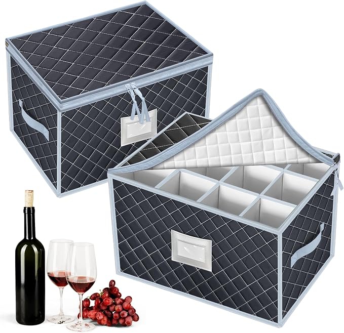 Wine Glass Storage Box with Dividers Holds 24 Stemware Storage Cases or China Crystal Glassware Containers with Handles and Lable Window (15.5" x 12.5"x10")-Set of 2 Grey by VERONLY