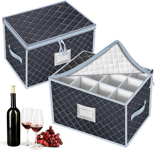 Wine Glass Storage Box with Dividers Holds 24 Stemware Storage Cases or China Crystal Glassware Containers with Handles and Lable Window (15.5" x 12.5"x10")-Set of 2 Grey by VERONLY