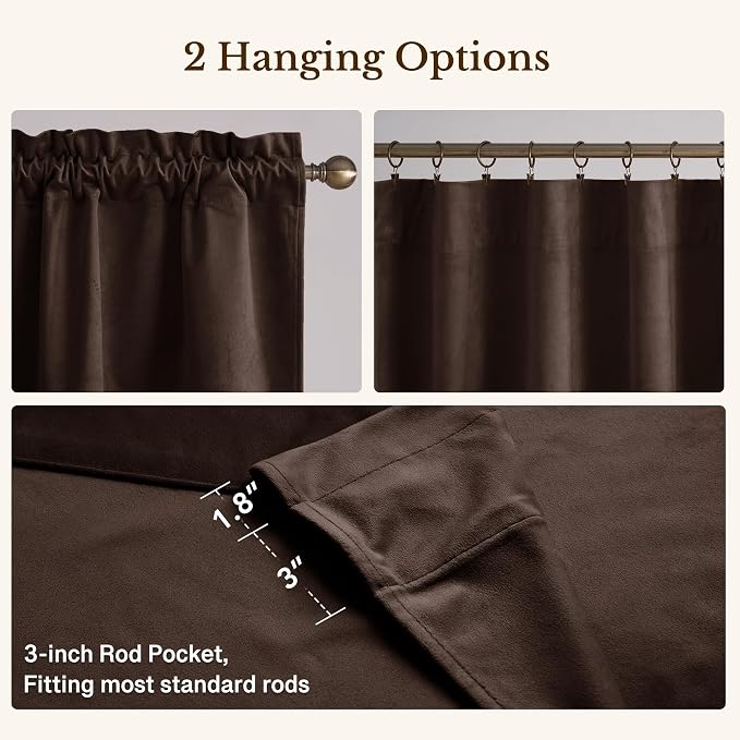 Brown Valance for Windows 52x18 Inch 1 Panel | Solid Velvet Wavy Kitchen Curtains for Small Window, Autumn Traditional Home Decor Window Treatment for Living Room - Image 4