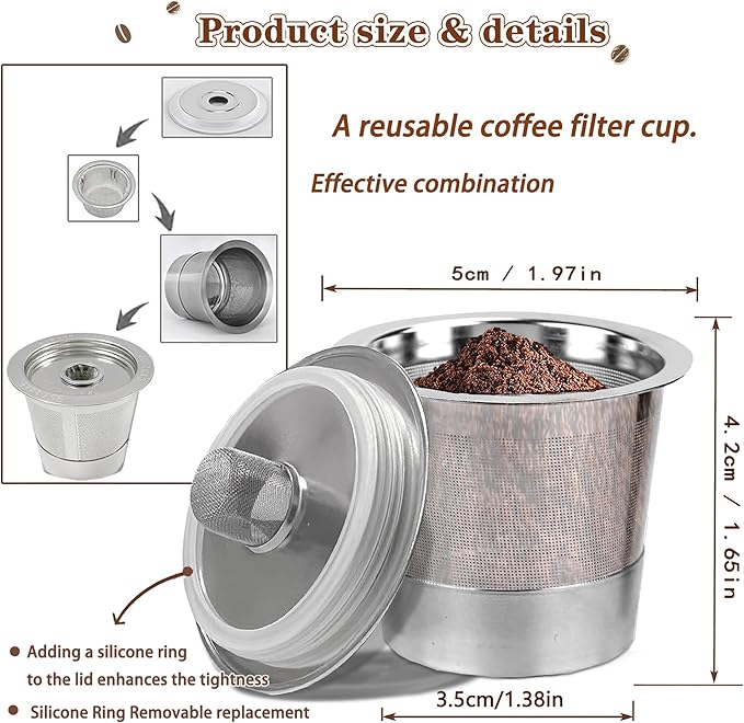 4-Piece Reusable Coffee Filter Capsules for K-eurig 1.0, Stainless Steel, BPA-Free, Cylindrical, Compatible with K-eurig Coffee Makers (4PCS)