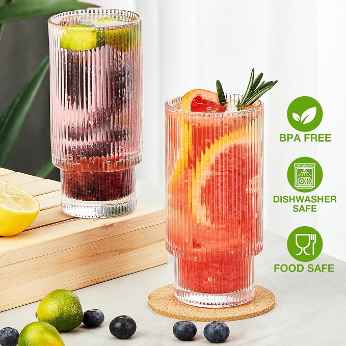 Qipecedm® 6 Pack Ribbed Drinking Glasses, 16 oz Vintage Glass Cups, Highball Glasses, Premium Iced Coffee Glasses, Clear Glass Tumbler, Cocktail Glasses, Elegant Glassware for Water Juice Whiskey Beer - Image 4