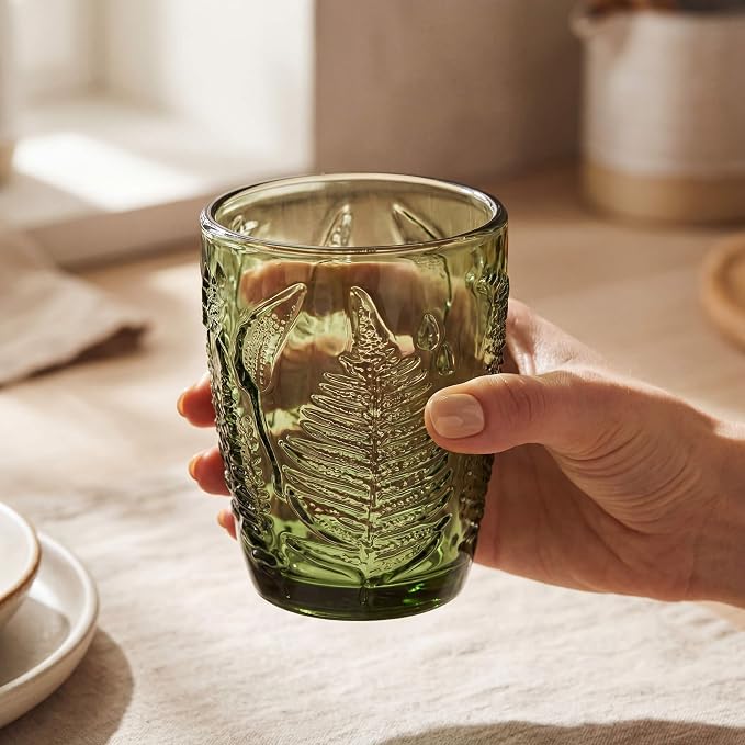 Green Drinking Glasses Set of 4, 10 oz Glass Cups, Vintage Fern Glassware | Hand-Pressed, Dishwasher Safe, Boho Leaf-Textured Drinkware, Embossed Lowball Tumblers for Water, Retro Kitchen Gift - Image 3