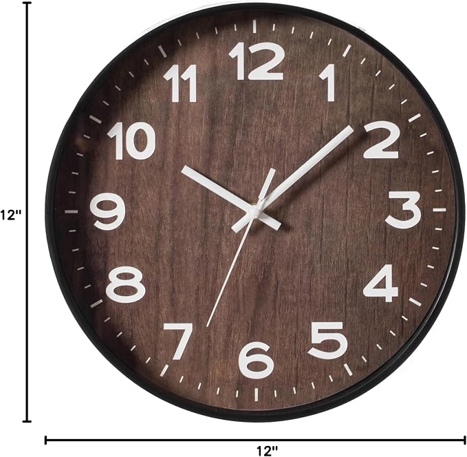 Decorative Modern Round Wood- Looking Plastic Wall Clock for Living Room, Kitchen, or Dining Room, Brown - Image 8