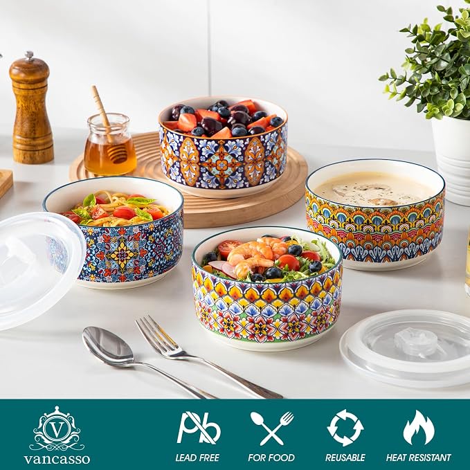 vancasso SIMI 36 oz Ceramic Bowls with Lids Set of 4,Bohemian Serving Bowl | 6 Inch Food Storage Containers Prep Bowls for Leftovers, Soup, Cereal, Meal Prep, Office Lunch, Microwave & Dishwasher Safe - Image 3