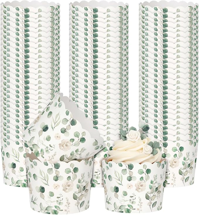 Qinyoung 150 Pcs Green Eucalyptus Leaf Paper Baking Cups Greaseproof Disposable Cottagecore Cupcake Liner Greenery Cupcake Muffin Case for Spring Summer Wedding Bridal Baby Shower Birthday Party Decor by Qinyoung