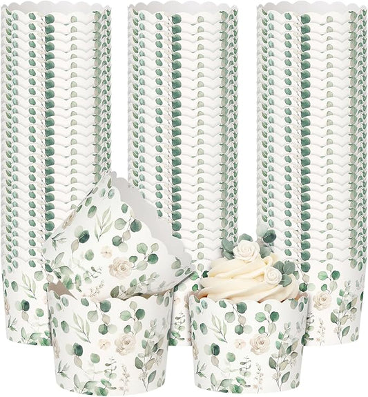 Qinyoung 150 Pcs Green Eucalyptus Leaf Paper Baking Cups Greaseproof Disposable Cottagecore Cupcake Liner Greenery Cupcake Muffin Case for Spring Summer Wedding Bridal Baby Shower Birthday Party Decor by Qinyoung