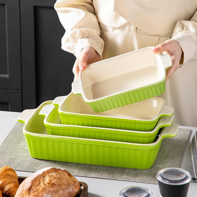 MALACASA Ceramic Baking Dishes Set of 4, Deep Casserole Dish, Green | Deep Lasagna Pans for Versatile Use, Durable Bakeware for Roasting Vegetable, Gift Set, Dishwasher Safe(9.4/11.1/12.2/14.7") - Image 6
