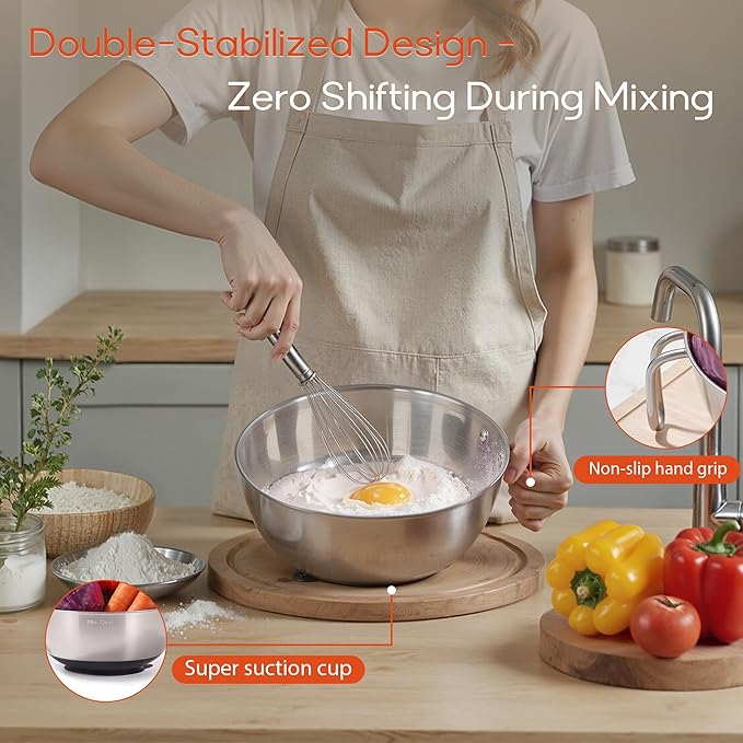 Extra Large Suction Mixing Bowl SUS304 Stainless Steel w/Non-Slip Silicone Suction Cups Base, Egg Beating Bowls with Handle Baking Bowl Tool for Cooking Baking Prepping Food Storage Batter Bowl BLACK