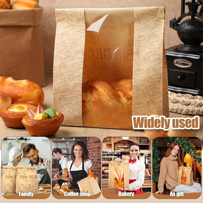 Feifeiya 200 Pack Kraft Paper Bread Bags for Homemade Sourdough Bread Bag with Clear Window 13.7 x 8.2 x 3.5 Large Bakery Packaging for Treat Storage Gift Giving with Seal Sticker - Image 6