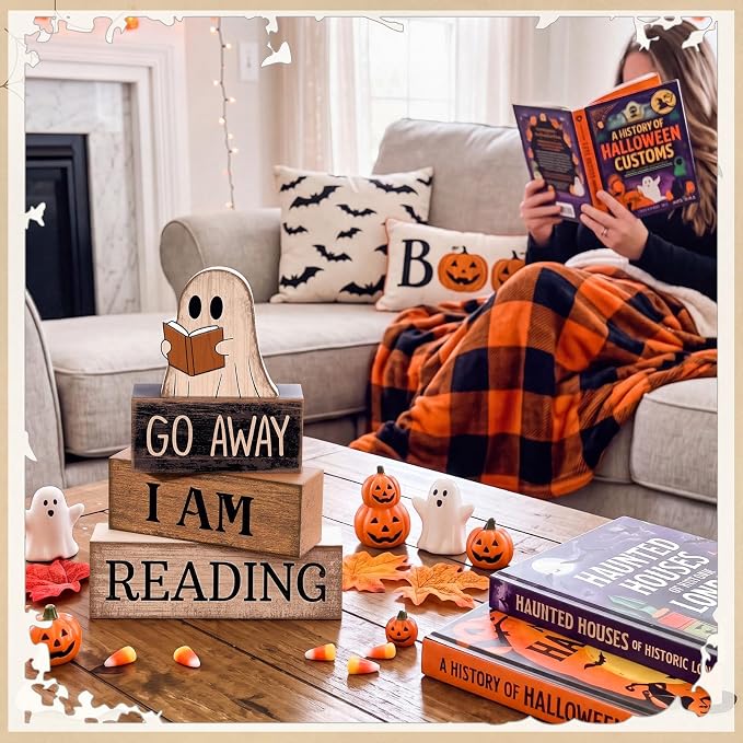 Moucuny 4 Pcs Halloween Table Decoration Wooden Ghost Reading Stacked Block Decor, "Go Away I Am Reading" Sign, Rustic Ghost Centerpiece Book Lover Halloween Tiered Tray Decor for Home Office Library - Image 4