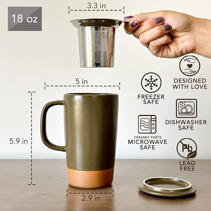 Mora Ceramics Large Tea Mug with Loose Leaf Infuser and Ceramic Lid, 18 oz, Portable, Microwave and Dishwasher Safe, Tall Coffee Cup - Rustic Matte Ceramic Glaze, Modern Herbal Tea Strainer, Olive - Image 3