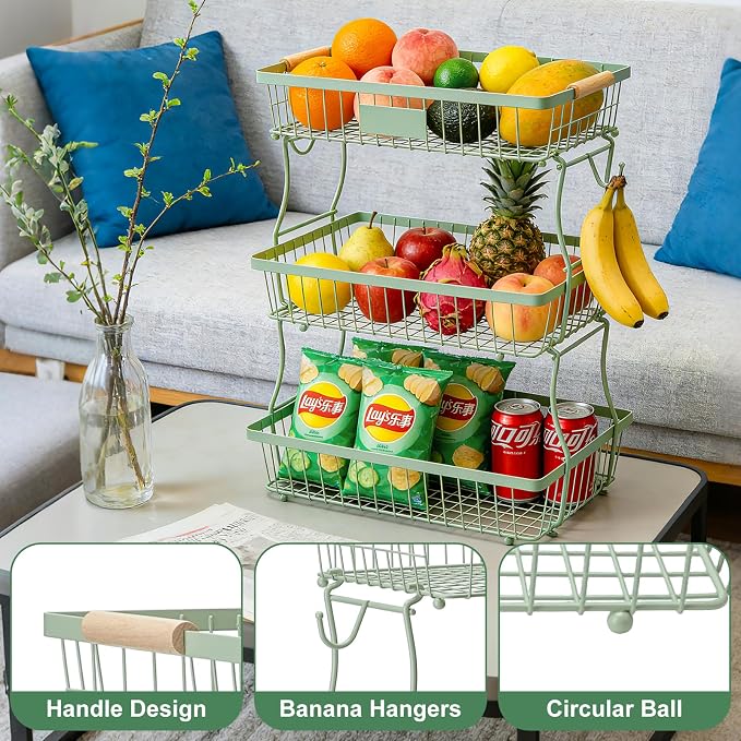 3 Tier Fruit Basket with 2 Banana Hangers, Countertop Fruit Vegetable Stand Produce Holder Organizer for Onion Potato Bread Snack Veggie Green - Image 5