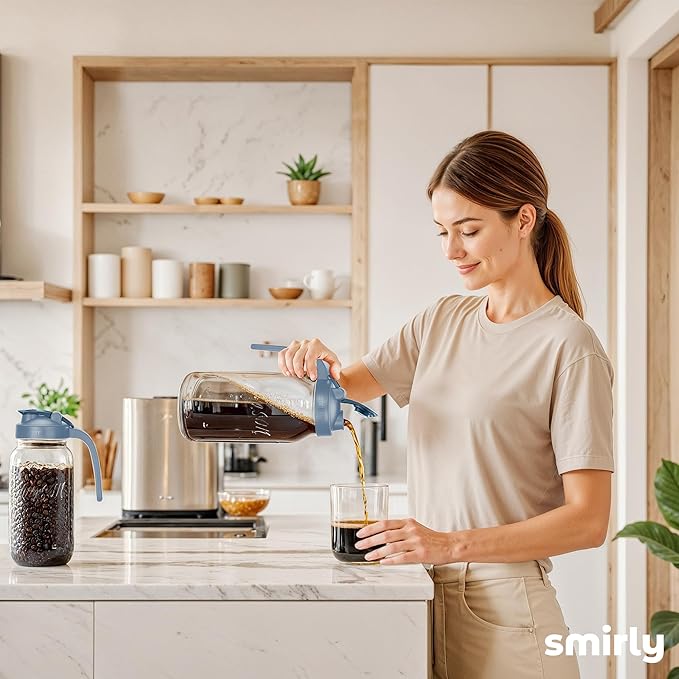 SMIRLY 64 oz Mason Jar Pitcher, Glass Pitcher with Wide Mouth, Water Jug with Double Leak Proof Lid for Iced Coffee, Hot Water, Breast Milk