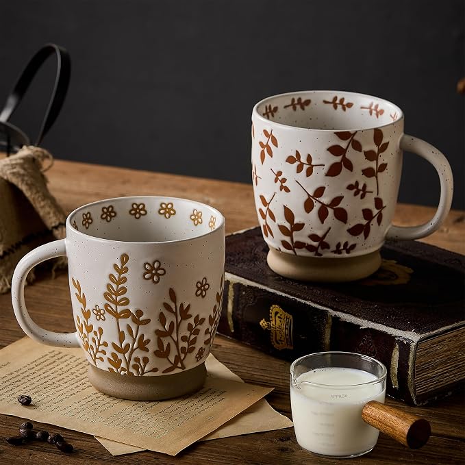 18 Oz Large Ceramic Coffee Mug Set of 2 - Rustic Handmade Floral Mugs with Handle, Microwave Safe for Latte Espresso Cappuccino Tea Cocoa Milk, Modern Unique Big Cups for Kitchen Women(Caramel Brown) - Image 2