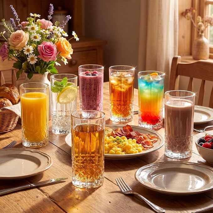 Uiifan Set of 12 Tall Highball Glasses 12 oz Crystal Drinking Glasses Clear Fancy Cups Vintage Textured Designer Glassware for Cocktail Tea Water Beer Soda Beverages, Dishwasher Safe (Diamond Pattern) - Image 7