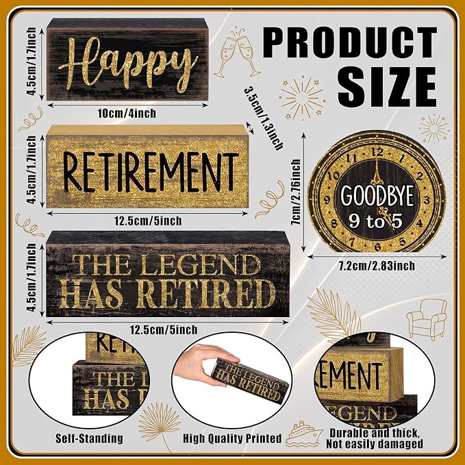 Moucuny 4 Pcs Retirement Party Decorations Happy Retirement Table Decor Black and Gold Goodbye Centerpieces for Tables Decorative Clock Block Signs Gift for Retired Party Supplies Men and Women - Image 3