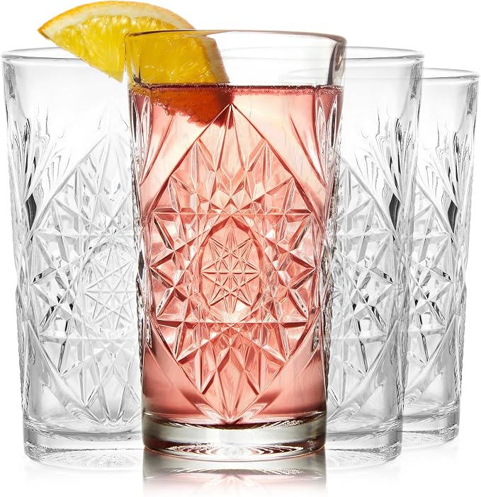 Libbey Hobstar Cooler Glasses, Cut Glass Drinking Glasses Set of 4, Hi-Ball Textured Drinking Glasses, 16 oz Cocktail Glass Set for Soda, Mixed Drinks by Libbey