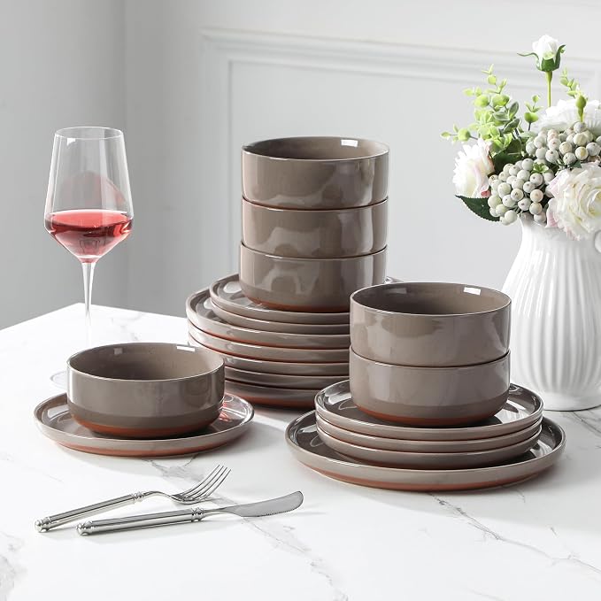 MALACASA Plates and Bowls Sets, 18 Pieces Modern Ceramic Dinnerware Set for 6 Kitchen Dinner Set Stoneware Dishware Dishes Set Microwave and Dishwasher Safe, Brown, Series TARA - Image 7
