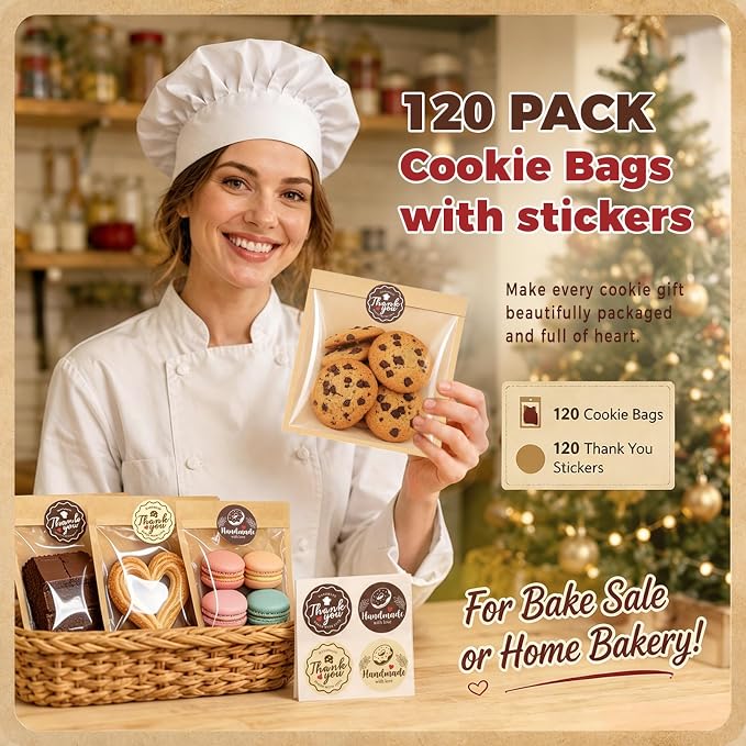 120PCS Cookie Bags with Seal, 5.7 x 6.5 Inch Cookie Packaging with Stickers | Heat Sealable & Grease Resistant Paper Bakery Bags with Window, Pastry Bags for Bake Sale Treat Scone Donut Brownie - Image 3