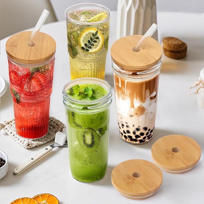 32oz Ribbed Glassware Large Cup, Glass Cups With Lids And Straws,Iced Coffee Cups With Lids,Glasses Drinking Set,Cute Cups,Boba Cup,With Straw Brush,Ideal Gift - Image 4