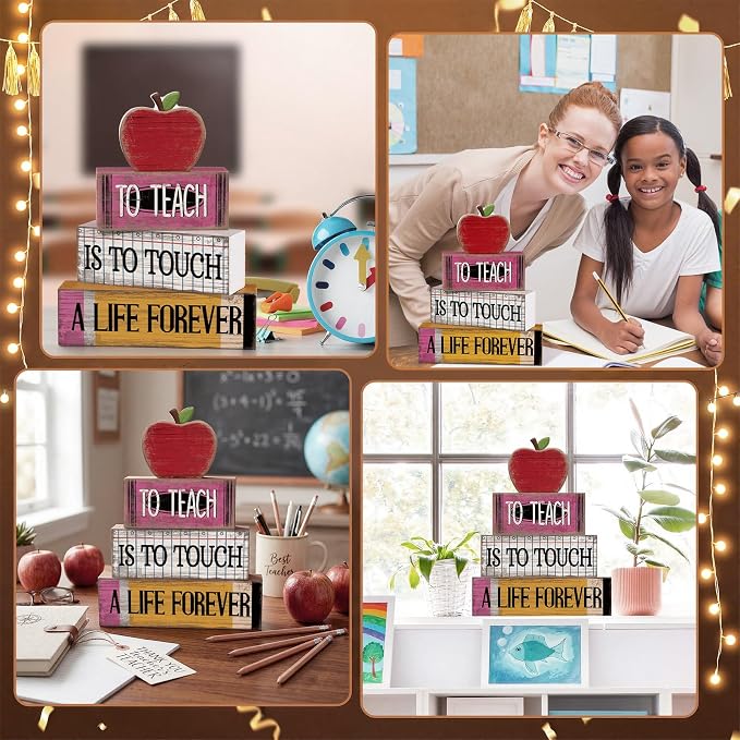 Moucuny 4 Pcs Back to School Table Decorations Retro Red Wooden Apple Decor Back to School Tiered Tray Decor Stacked Blocks Teacher Appreciation Gift Rustic Classroom Pencil Decoration for Office Desk - Image 5