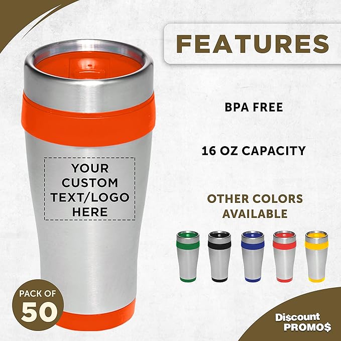 Custom Insulated Stainless Steel Travel Mugs 16 oz. Set of 50, Personalized Bulk Pack - Perfect for Coffee, Soda, Other Hot & Cold Beverages - Orange