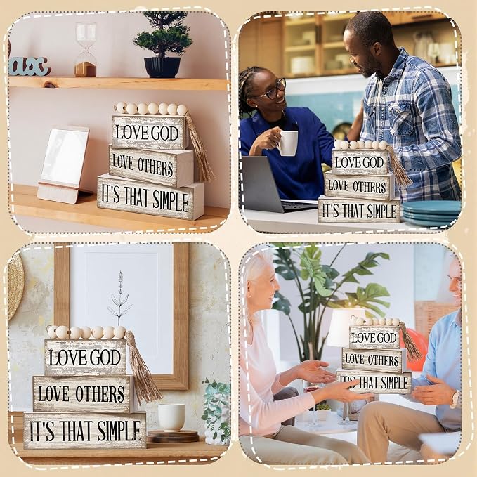 Moucuny 4 Pcs Christian Table Decor Rustic Wooden Block Sign Set with Love God Love Others It's That Simple Farmhouse Stacked Decor with Beaded Garland Tassel Christian Home Decorations for Home Shelf - Image 5