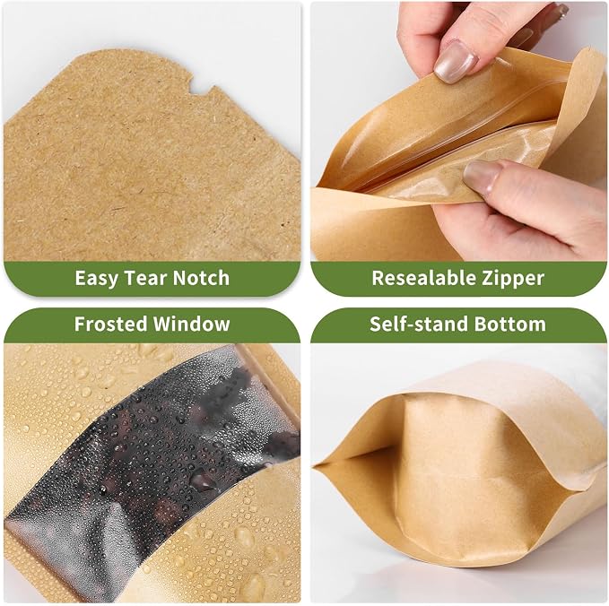 Kraft Paper Bags with Transparent Window, Stand Up Pouches Smell Proof Bags | 50 Pcs 4x6 Inch Resealable Bags for Small Business, Zipper. Food Storage, for Packaging Snacks Cookies Candy - Image 5