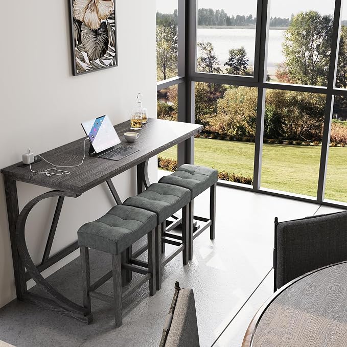 allamazing 4-Piece Counter High Bar Table Set with Socket and 3 Fabric Padded Bar Stools, Tall Kitchen Breakfast Nook with Stool, Black - Image 7