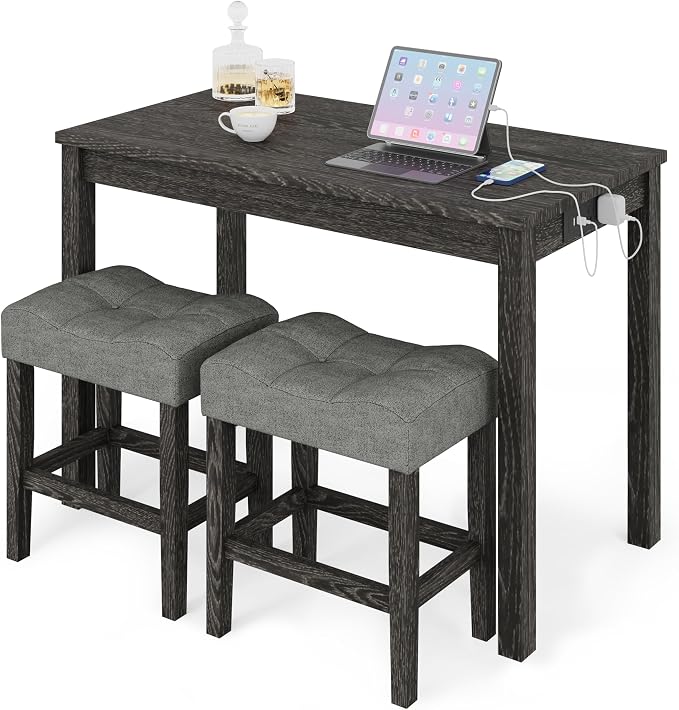 allamazing 3-Piece Counter Height Bar Table Set with Socket and 2 Fabric Padded Bar Stools, Tall Kitchen Breakfast Dining Table Set with Stools (1+2 Black) by allamazing