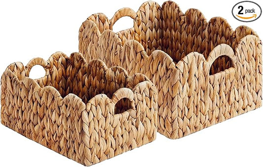 Set of 2 Scalloped Edge Wicker Storage Basket with Built-in Handles, Rectangle Water Hyacinth Basket for Organizing, Decorative Woven Rattan Basket for Shelf, Nursery Room