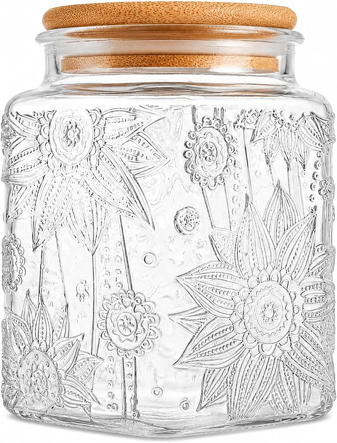 Glass Storage Jars With Airtight Lid, 23.7oz Canister For Kitchen Counter with Bamboo Lid, brown sugar, candy, coffee, cookie, salt, tea,pantry cute Jar (Square Sunflower) by Custde