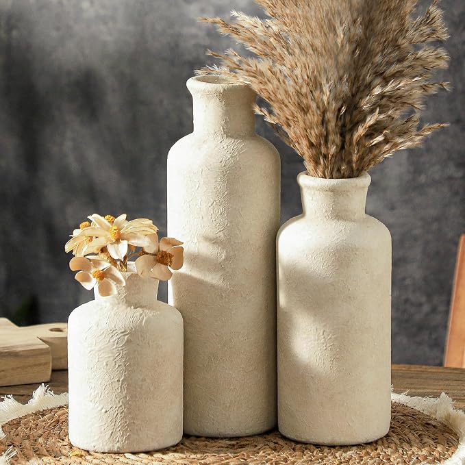 Ceramic Vases Set of 3, Whitewashed Neutral Flower Vases Home Decor, Pottery Rustic Farmhouse Decorative Vases Modern Decor for Table Mantel Entryway Bookshelf Living Room Kitchen Bedroom by ooit
